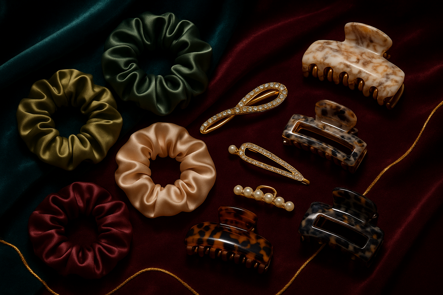 hair accents like scrunchies, clips, claw clips on a luxurious background
