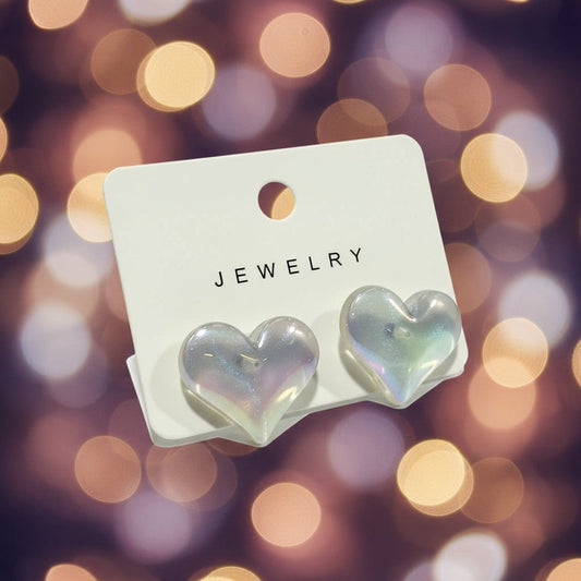 White Iridescent Heart Earrings